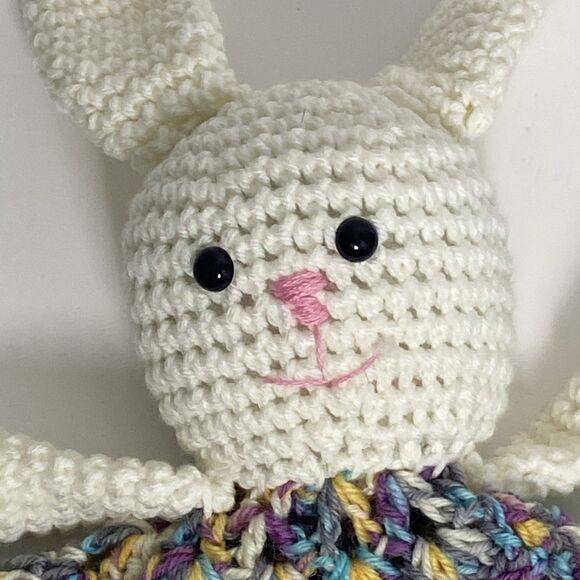 Hand Knit Bunny Lovey Multicolor Skirt Black Button Eyes Pink Nose Mouth - Picture 4 of 12